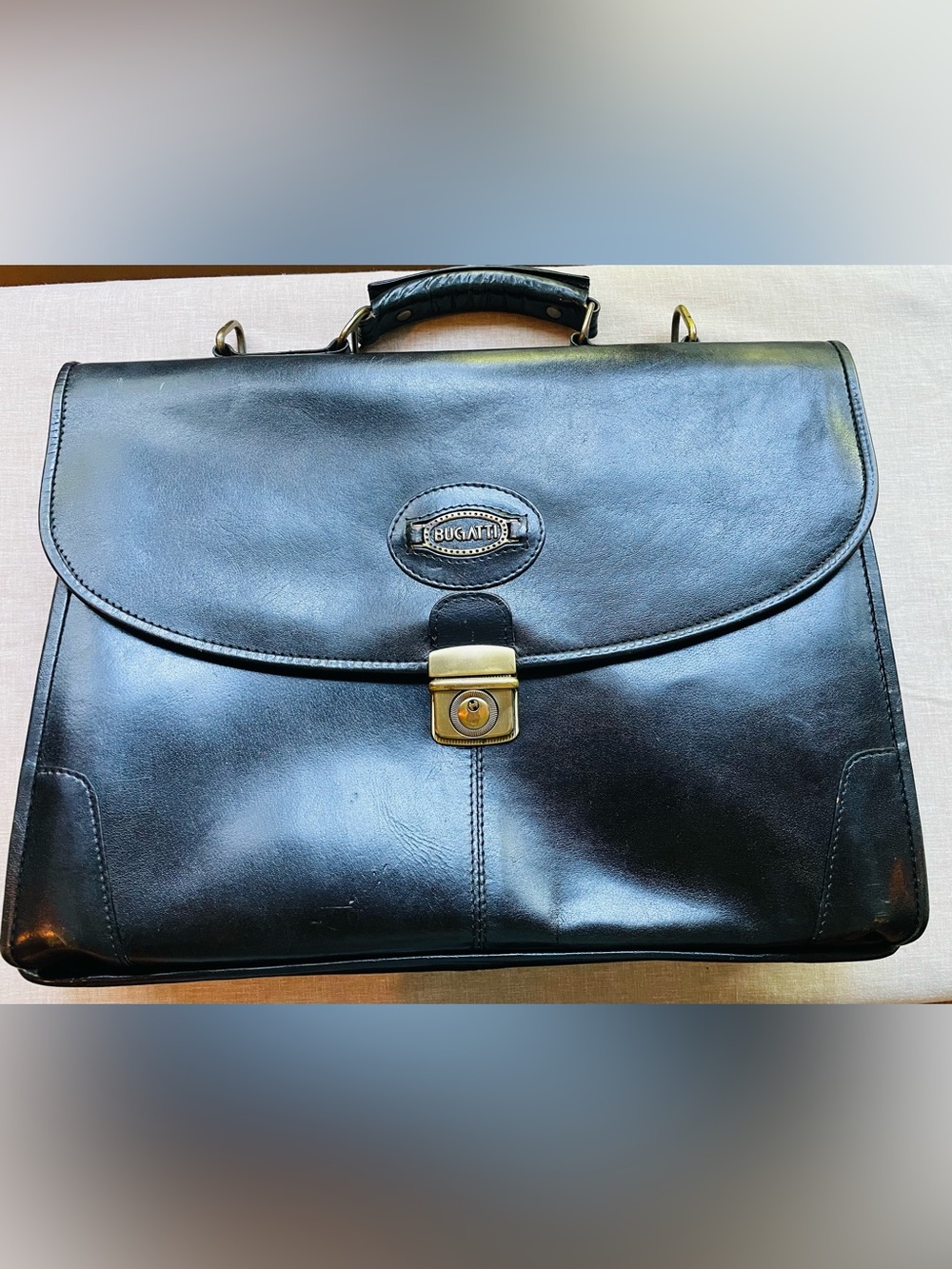 Vintage Bugatti Genuine Leather Black Briefcase Brass Hardware
